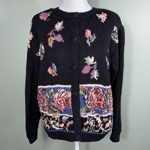 Studio Michele Stuart Sweater Cardigan Womens Medium Floral Knit Vintage Cottage